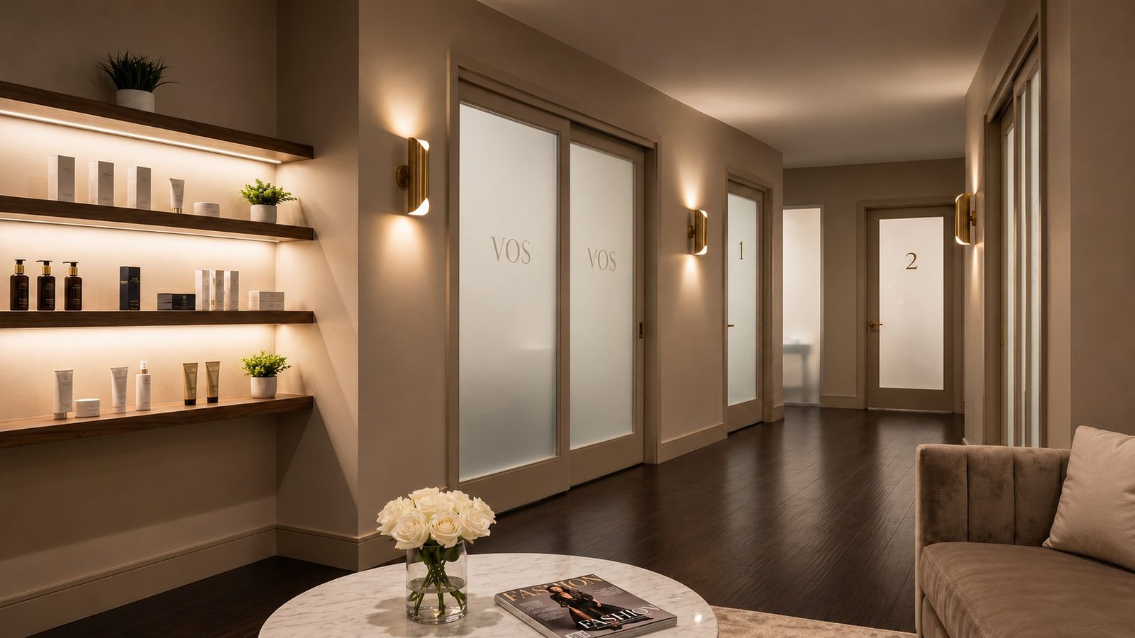VŌS private lounge with product shelving, frosted glass suites, and warm sconce lighting